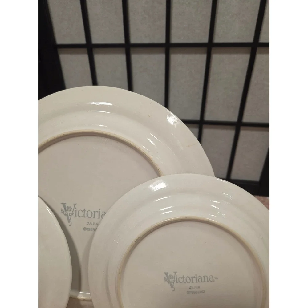 Vintage Victoriana Japan Pink Rosebud Stoneware Plate Set 1988 Cottagecore 3pc